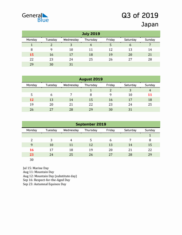 Quarterly Calendar 2019 with Japan Holidays