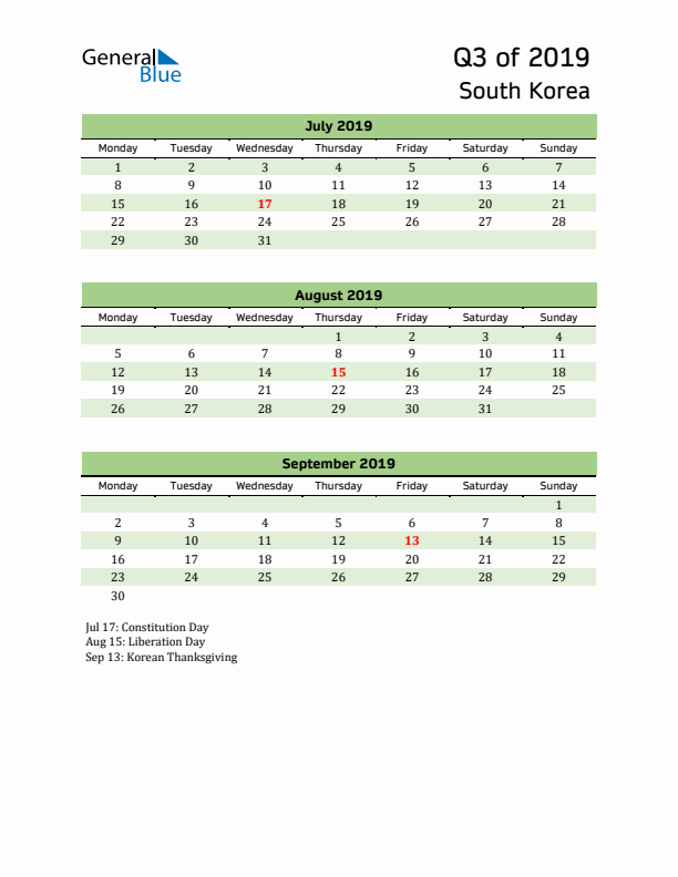 Quarterly Calendar 2019 with South Korea Holidays