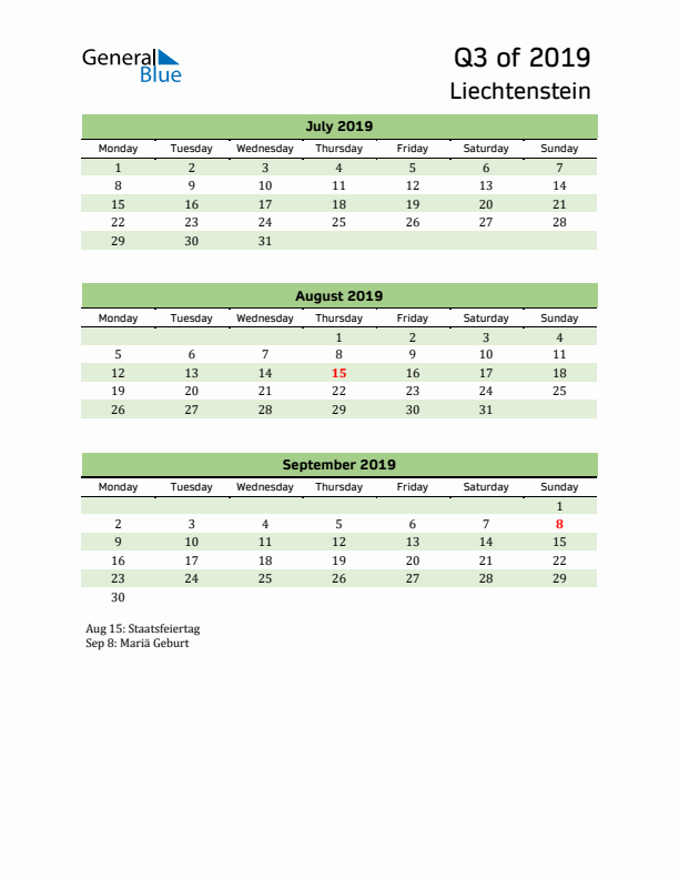 Quarterly Calendar 2019 with Liechtenstein Holidays