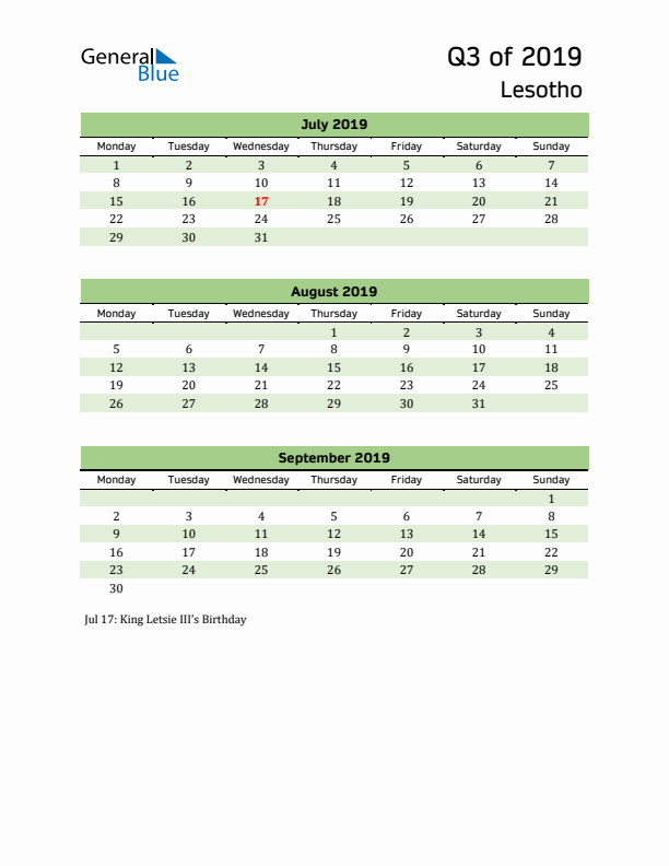 Quarterly Calendar 2019 with Lesotho Holidays