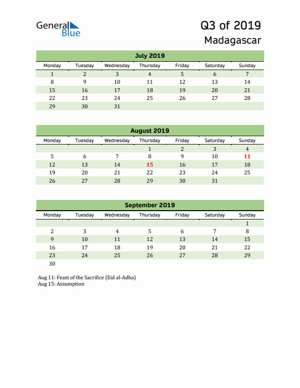 Quarterly Calendar 2019 with Madagascar Holidays