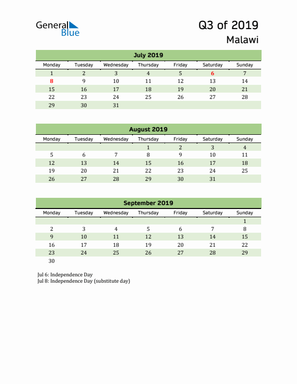 Quarterly Calendar 2019 with Malawi Holidays