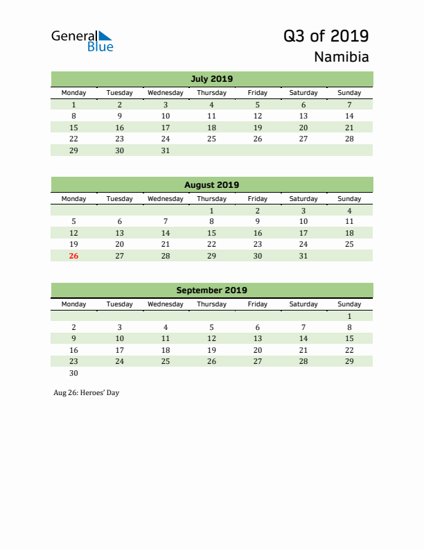 Quarterly Calendar 2019 with Namibia Holidays