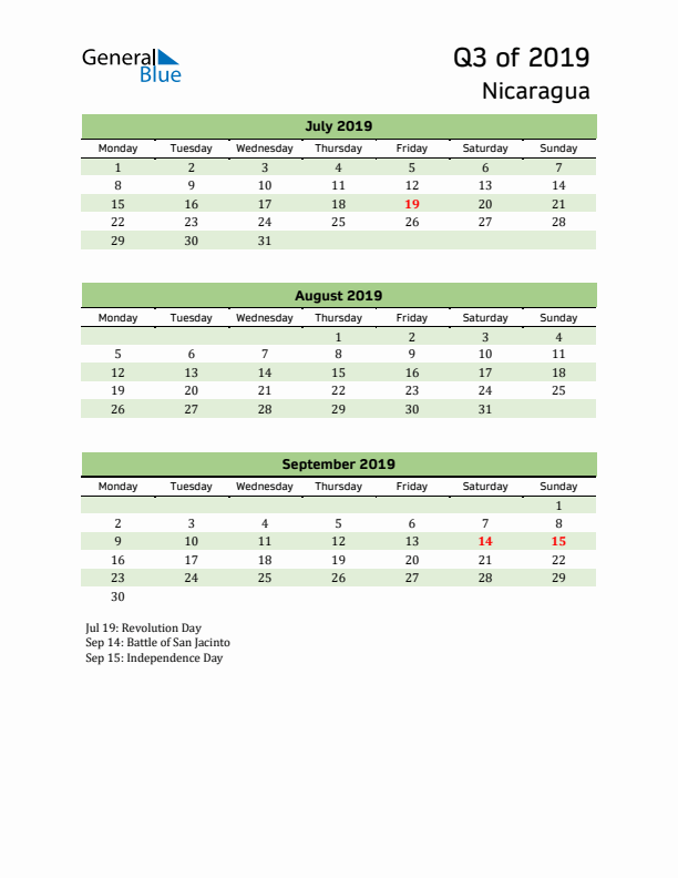 Quarterly Calendar 2019 with Nicaragua Holidays