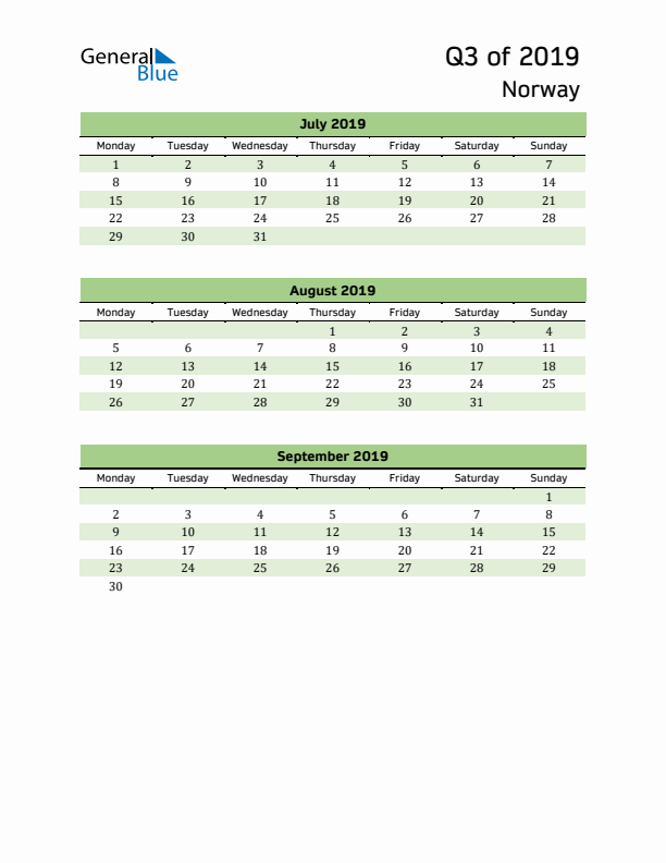 Quarterly Calendar 2019 with Norway Holidays