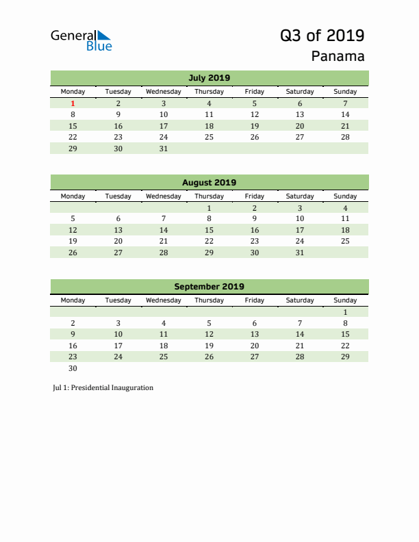 Quarterly Calendar 2019 with Panama Holidays