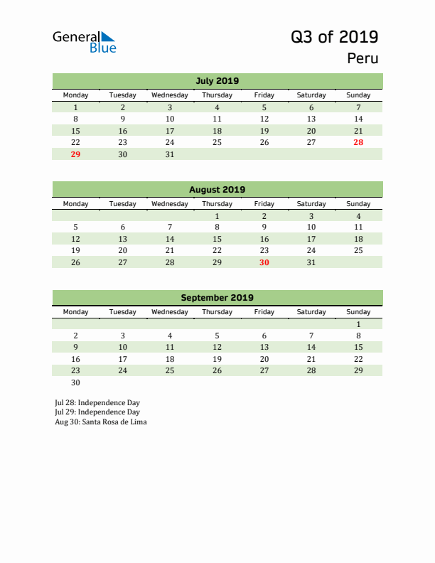 Quarterly Calendar 2019 with Peru Holidays