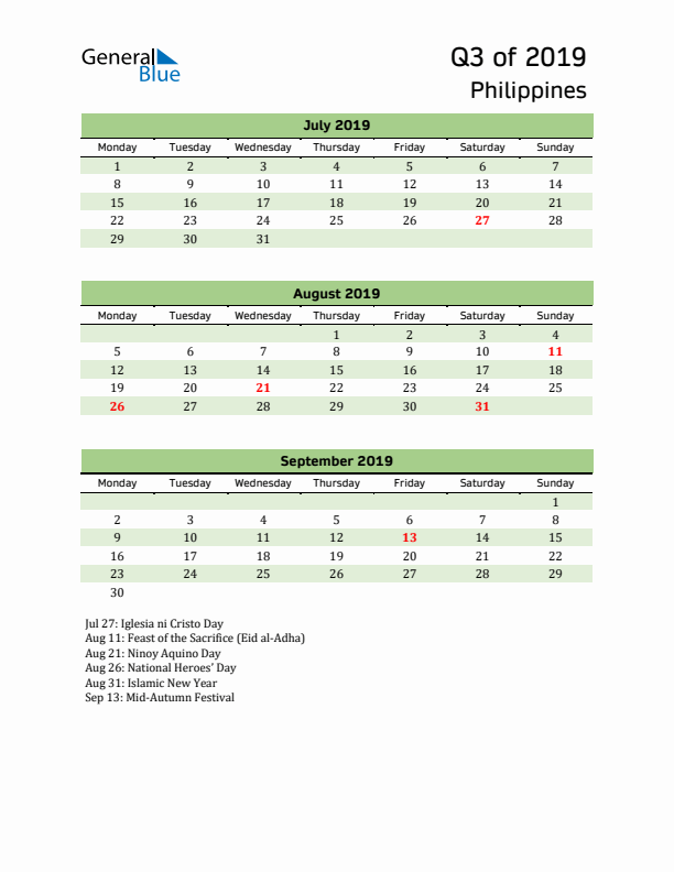 Quarterly Calendar 2019 with Philippines Holidays