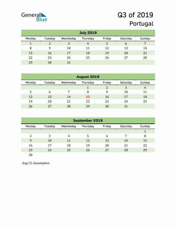 Quarterly Calendar 2019 with Portugal Holidays