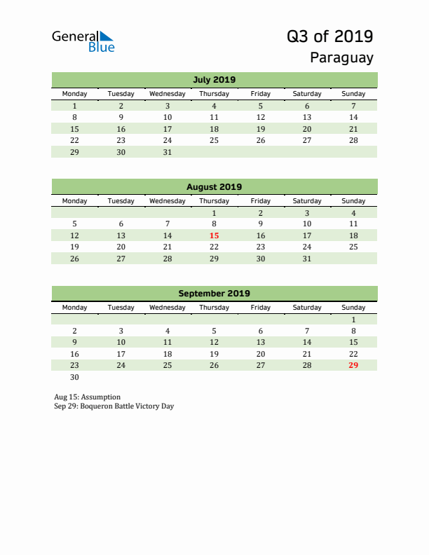 Quarterly Calendar 2019 with Paraguay Holidays