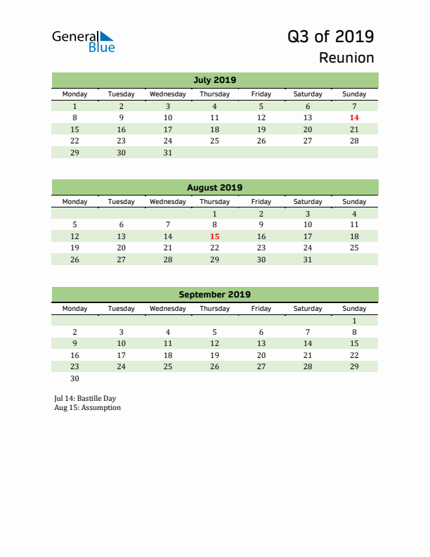 Quarterly Calendar 2019 with Reunion Holidays