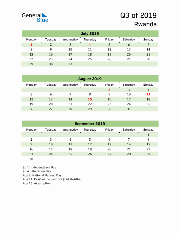 Quarterly Calendar 2019 with Rwanda Holidays