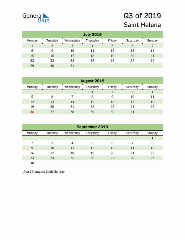 Quarterly Calendar 2019 with Saint Helena Holidays