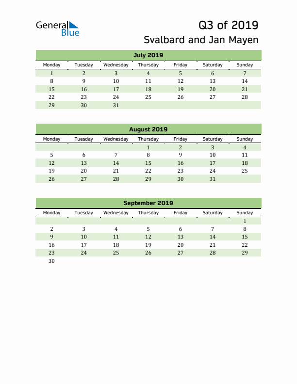 Quarterly Calendar 2019 with Svalbard and Jan Mayen Holidays