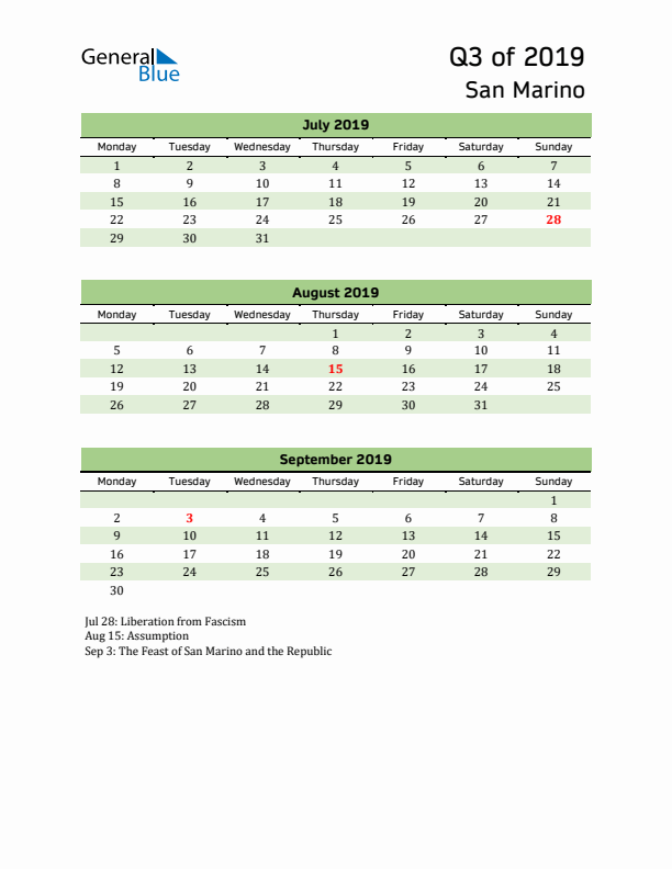 Quarterly Calendar 2019 with San Marino Holidays