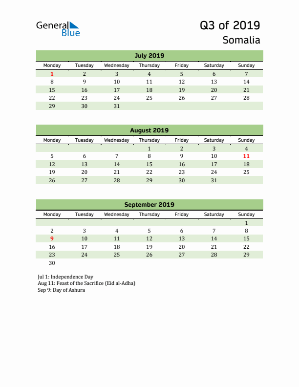 Quarterly Calendar 2019 with Somalia Holidays