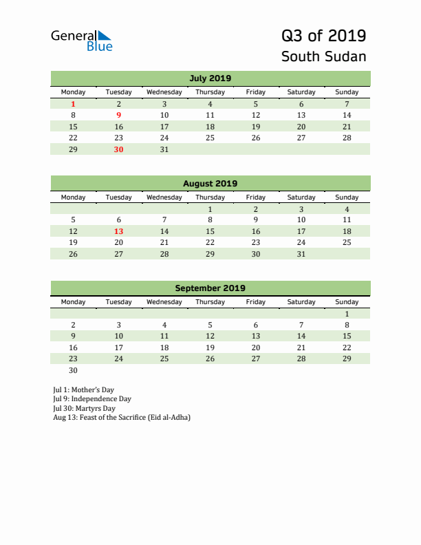 Quarterly Calendar 2019 with South Sudan Holidays