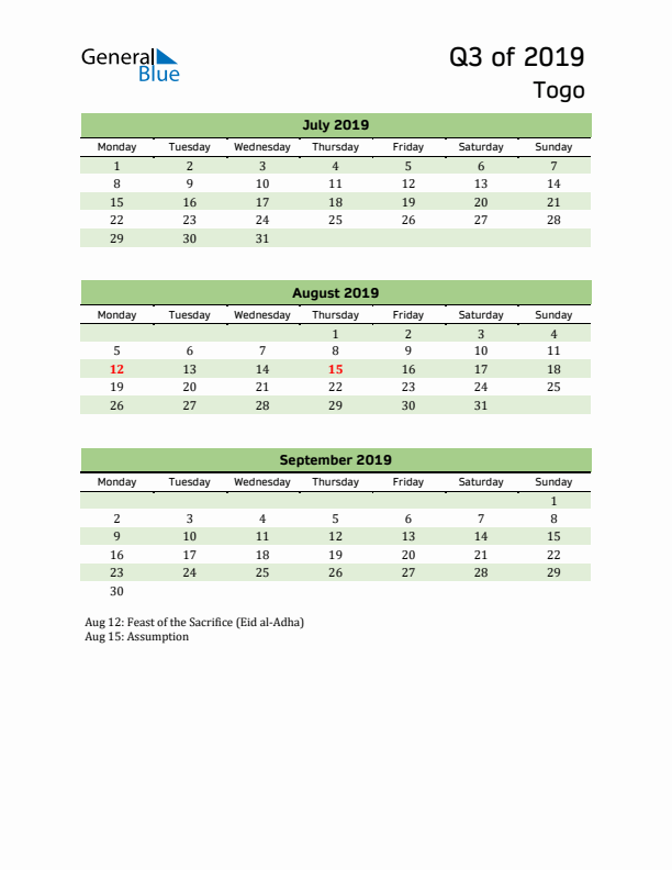 Quarterly Calendar 2019 with Togo Holidays