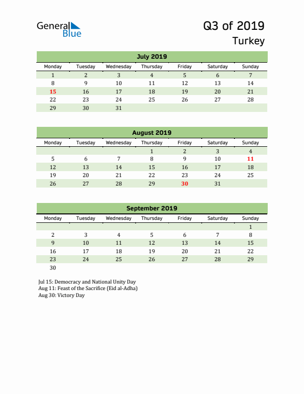 Quarterly Calendar 2019 with Turkey Holidays