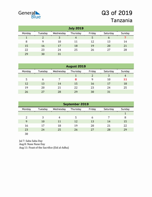 Quarterly Calendar 2019 with Tanzania Holidays