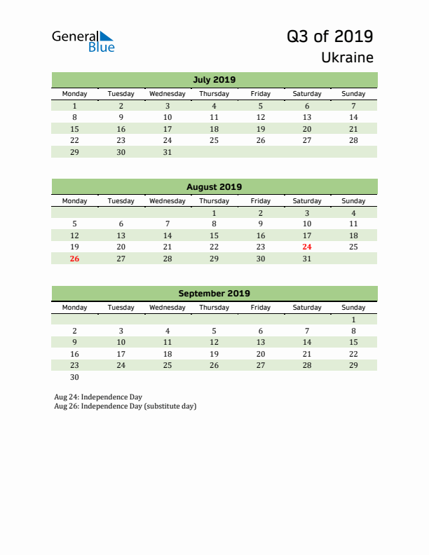 Quarterly Calendar 2019 with Ukraine Holidays