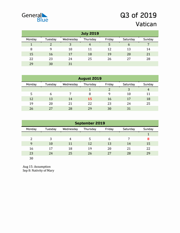 Quarterly Calendar 2019 with Vatican Holidays