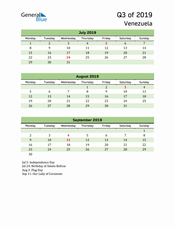 Quarterly Calendar 2019 with Venezuela Holidays