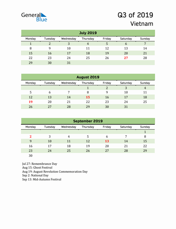 Quarterly Calendar 2019 with Vietnam Holidays