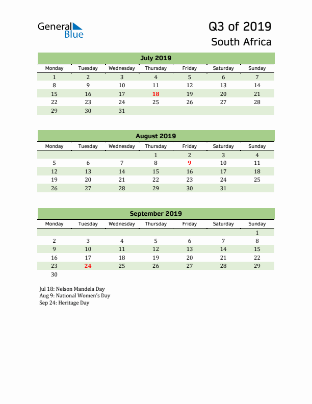 Quarterly Calendar 2019 with South Africa Holidays