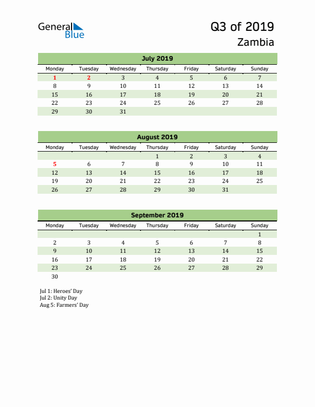 Quarterly Calendar 2019 with Zambia Holidays