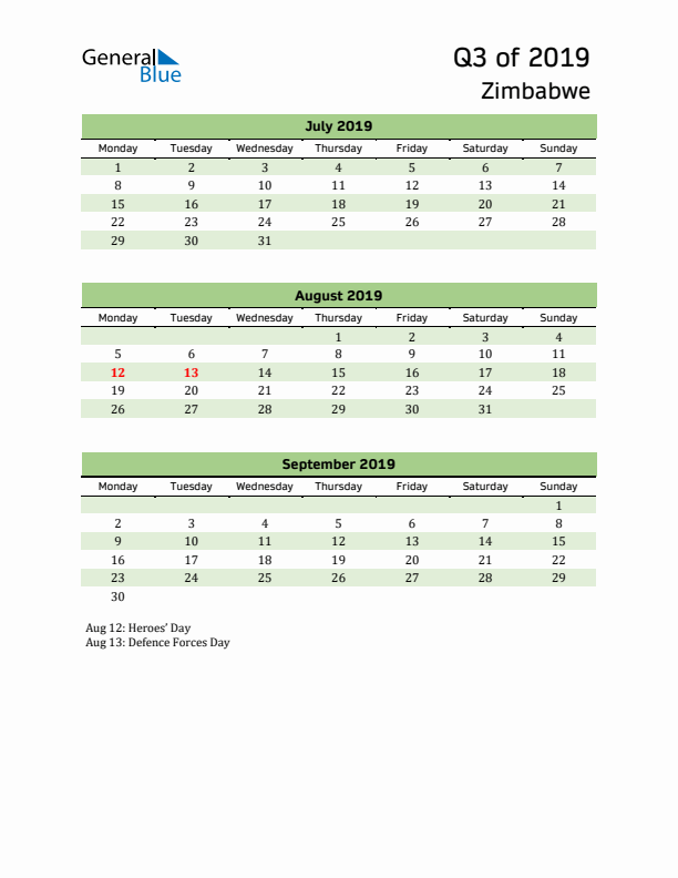 Quarterly Calendar 2019 with Zimbabwe Holidays