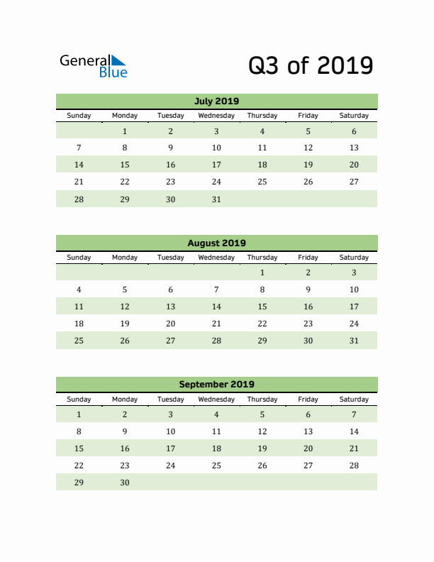 Printable Quarterly Calendar (Q3 2019)