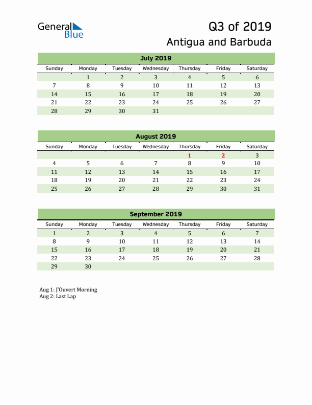 Quarterly Calendar 2019 with Antigua and Barbuda Holidays