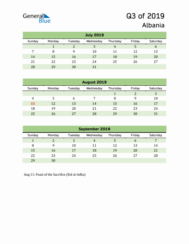 Quarterly Calendar 2019 with Albania Holidays