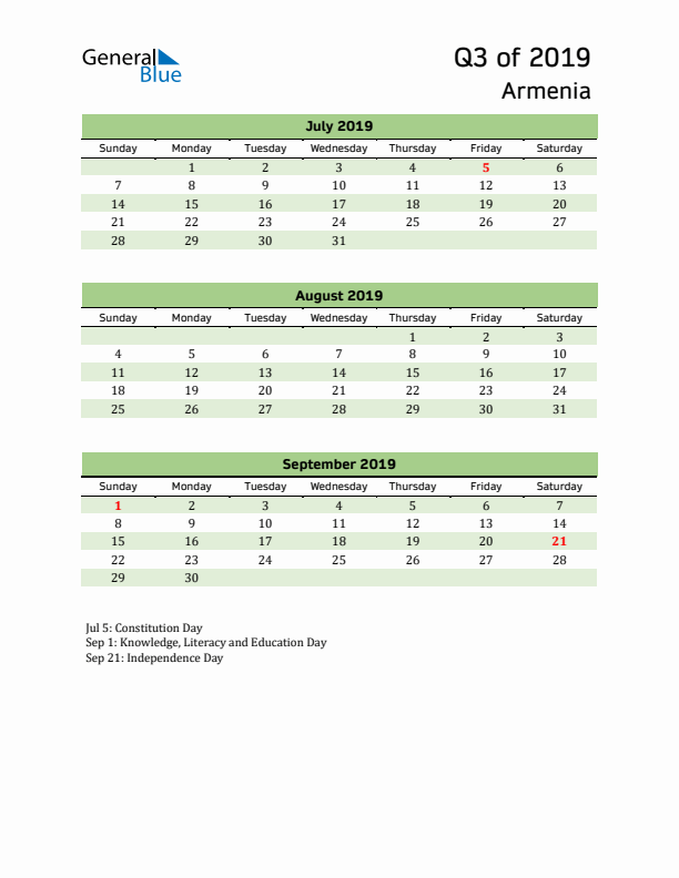 Quarterly Calendar 2019 with Armenia Holidays