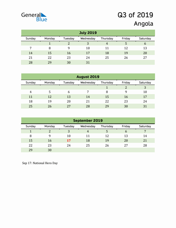 Quarterly Calendar 2019 with Angola Holidays