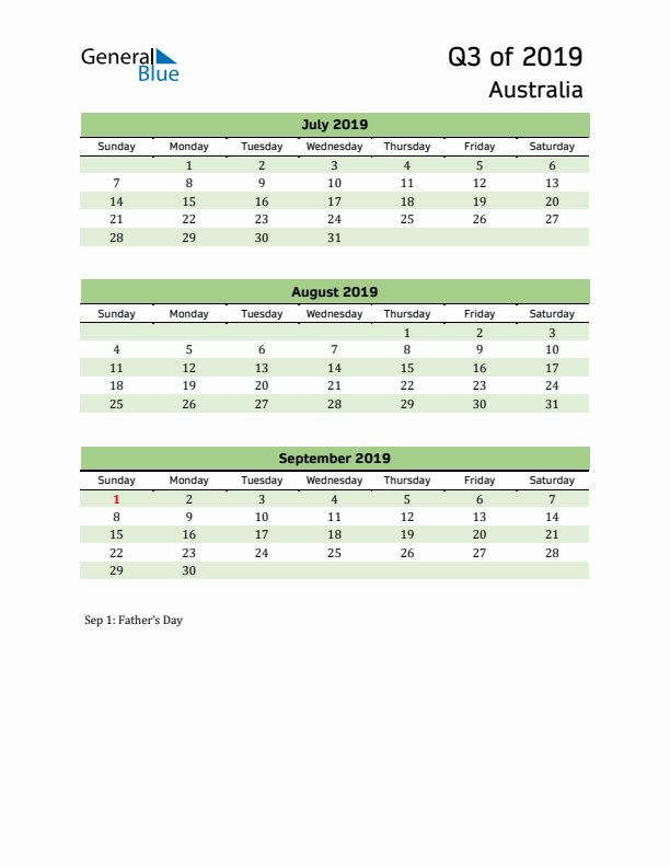 Quarterly Calendar 2019 with Australia Holidays