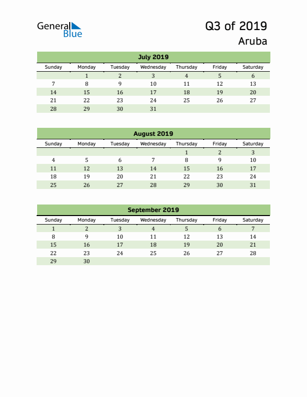 Quarterly Calendar 2019 with Aruba Holidays