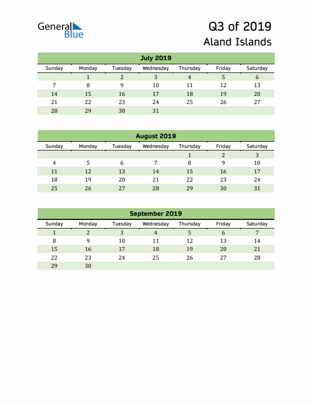 Quarterly Calendar 2019 with Aland Islands Holidays