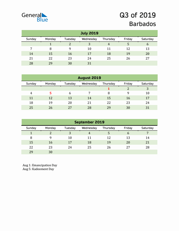 Quarterly Calendar 2019 with Barbados Holidays