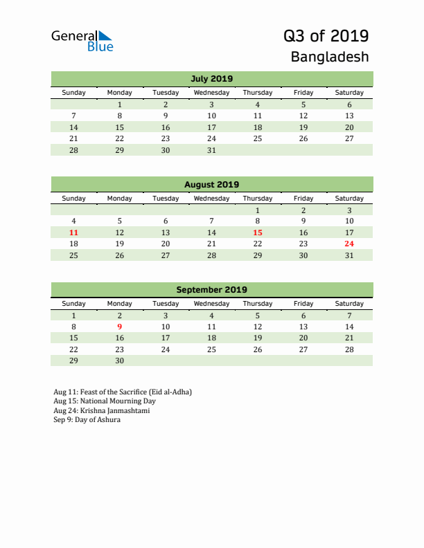 Quarterly Calendar 2019 with Bangladesh Holidays