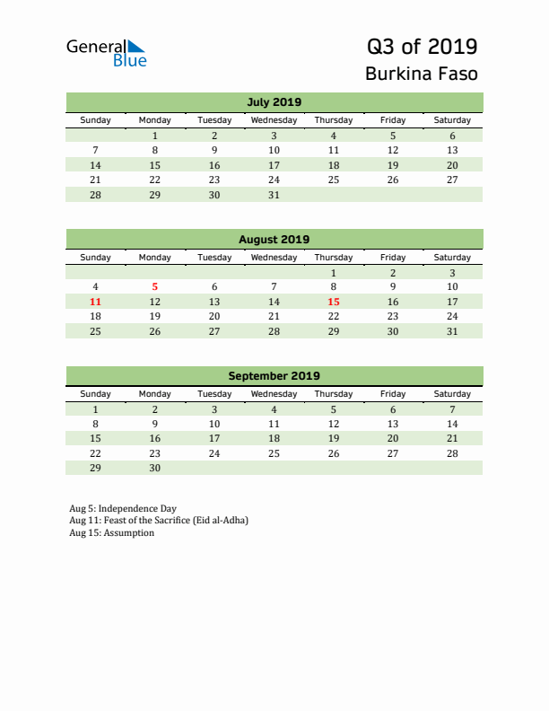 Quarterly Calendar 2019 with Burkina Faso Holidays