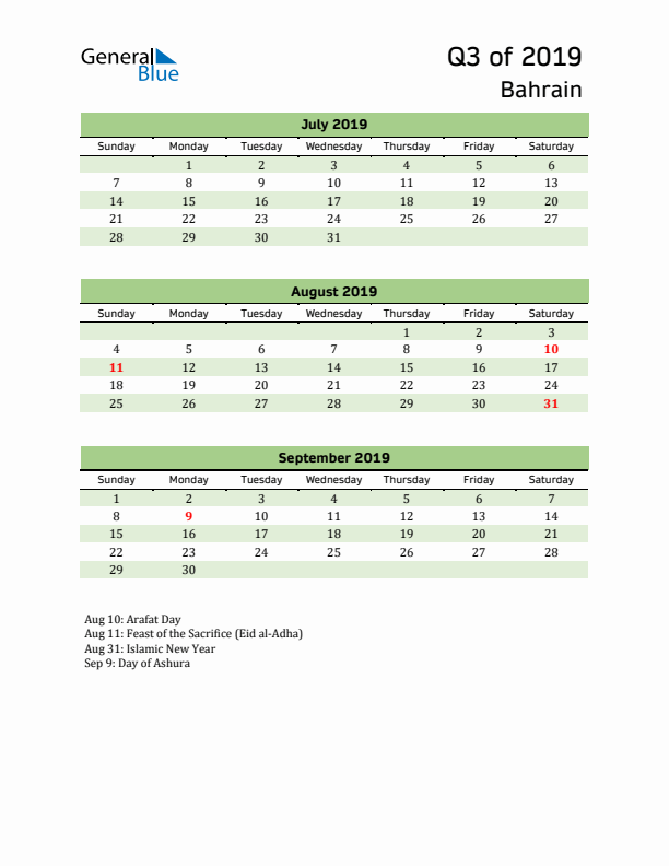 Quarterly Calendar 2019 with Bahrain Holidays