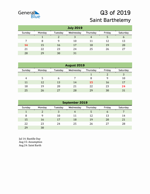 Quarterly Calendar 2019 with Saint Barthelemy Holidays