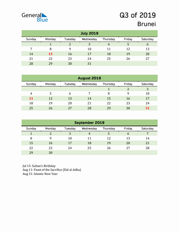 Quarterly Calendar 2019 with Brunei Holidays