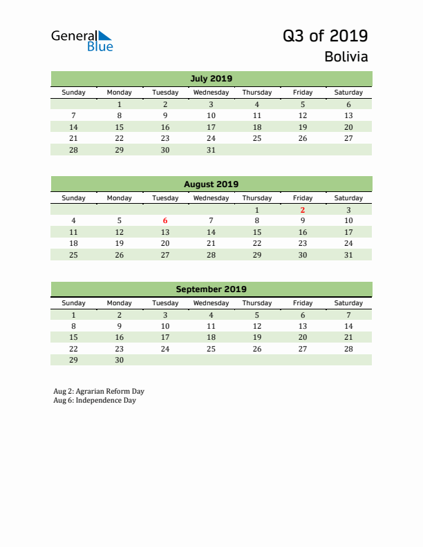 Quarterly Calendar 2019 with Bolivia Holidays