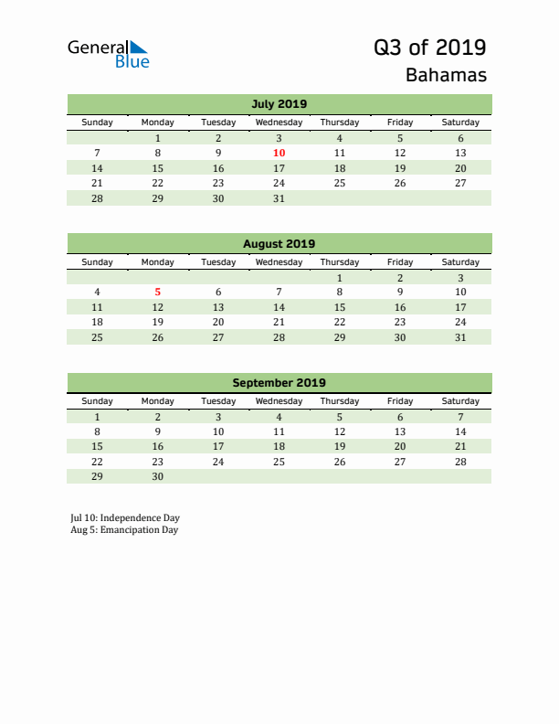 Quarterly Calendar 2019 with Bahamas Holidays