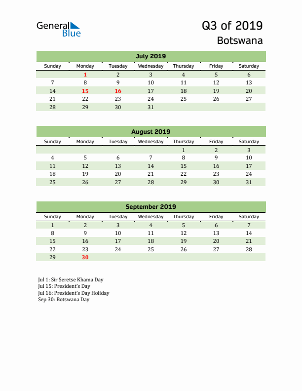 Quarterly Calendar 2019 with Botswana Holidays