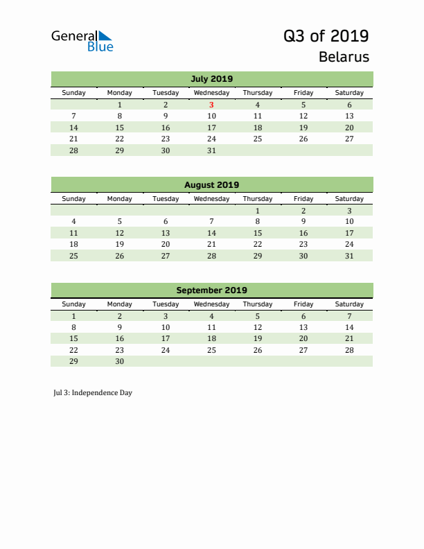 Quarterly Calendar 2019 with Belarus Holidays