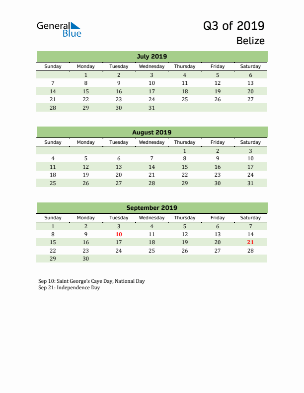 Quarterly Calendar 2019 with Belize Holidays